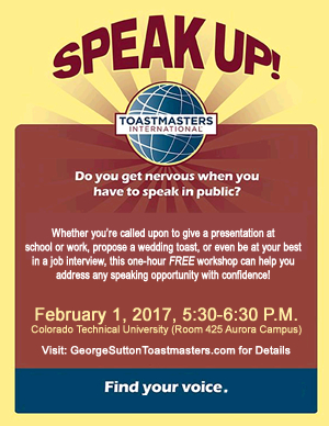 Free Public Speaking Workshop in Aurora Colorado February 1, 2017